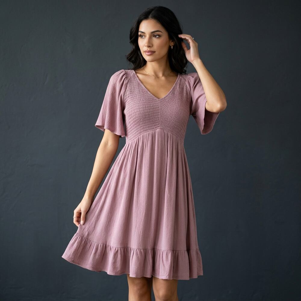 In Loom Mauve Smocked Mini Dress Small Cottagecore Boho Romantic Prairie Fairy